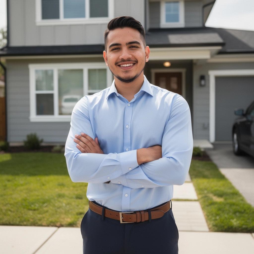Изображение современного жилого дома с ухоженным двором и яркими цветами.